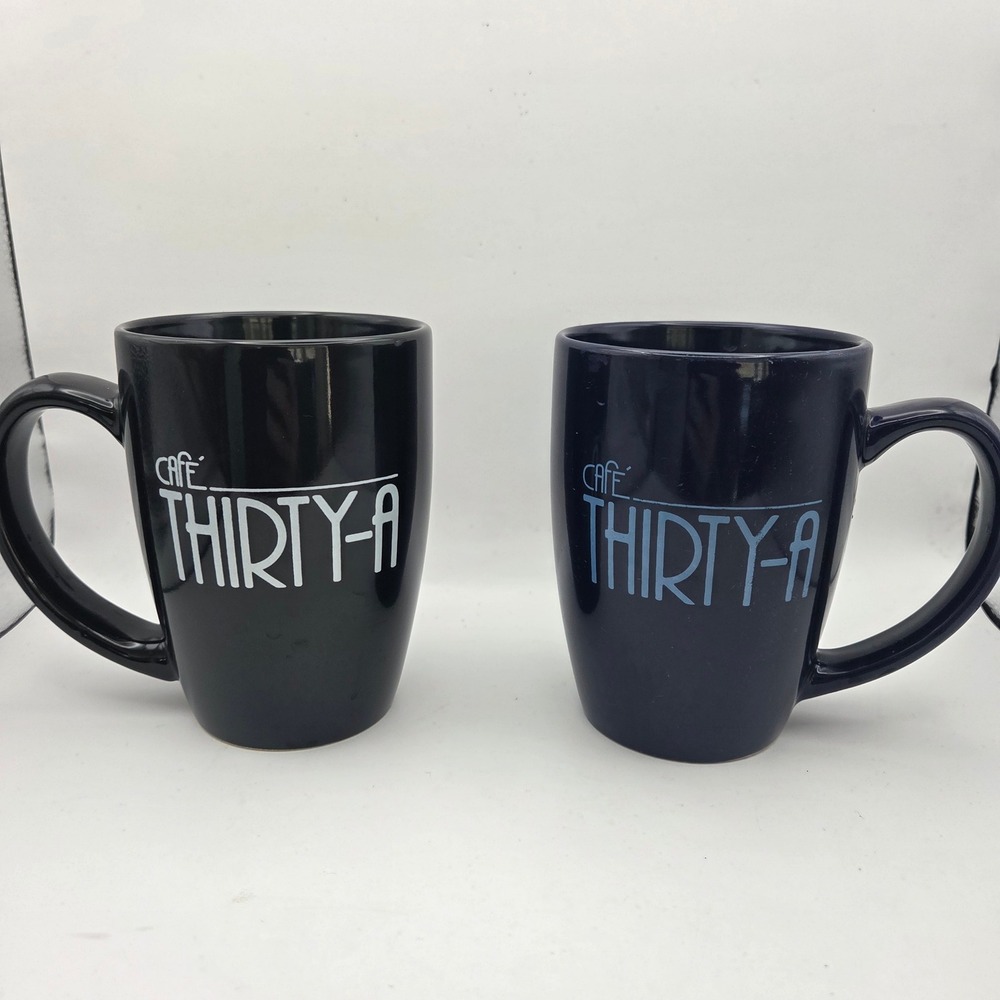 Cafe Thirty-A Coffee Mugs Set of 2 Navy Blue and Black Santa Rosa Beach Florida
